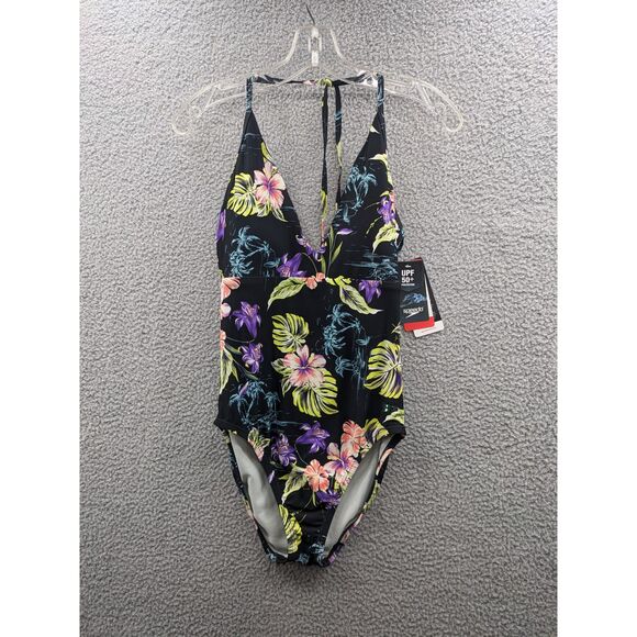 *NEW* Speedo Women's Swimsuit One Piece V-Neck Halter Contemporary Cut sz 8 - Picture 1 of 9